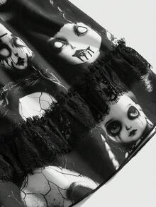 ROMWE Đầm ngắn kiểu Gothic phù thủy đen tối, phối ren, in hình búp bê dành cho nữ. - màu đen - Xem 4