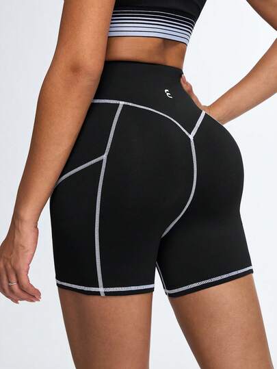 Eassivo Eassivo Women's High Waist Contrast Trim Elastic Yoga Sports Shorts