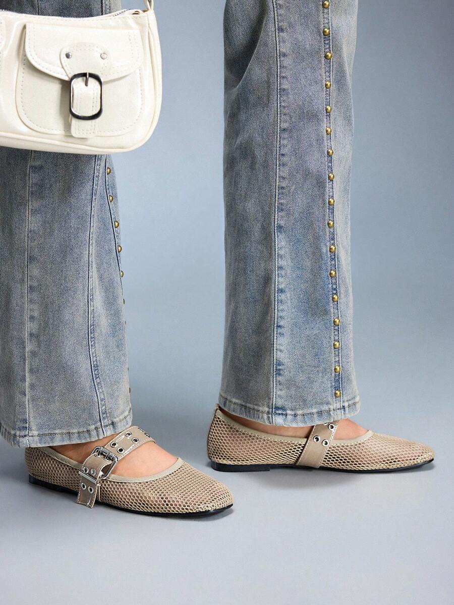 CUCCOO GRLICON Giày bệt nữ kiểu dáng khoen rỗng có khóa cài, phong cách thường ngày, thời trang. - Màu be - Xem 1