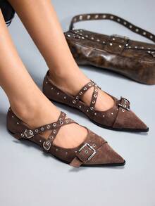 CUCCOO GRLICON Women's Fashion Versatile Commuter Buckle Pointed Toe Flats Valentine's Day - Coffee Brown - View 1