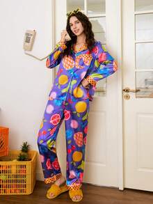 Young Pineapple, Cherry, Pomegranate, Grape Fruit Print Lapel Cardigan Women Pajama Set - Multicolor - View 2