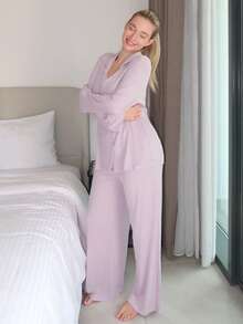 Turnttoni Women's Simple And Comfortable Buttoned Long Sleeve Top And Pants Homewear Lounge Set Holiday Season, Fall Winter Clothes Cozy And Elegant Details - Purple - View 1