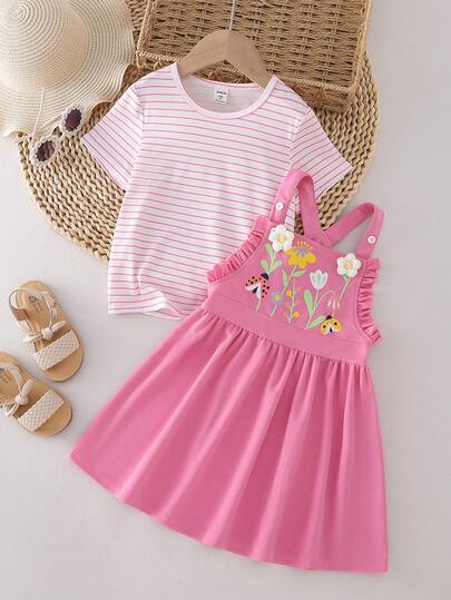 Adorable Kids Short Pink Co-Ord With Ruffle Sleeveless Dress And Striped Fabric Shirt Skirt Summer Sets For Girls Pink Skirt Set Girls 2pcs Pink Skirt Set