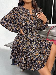 SHEIN Frenchy 大码女式碎花褶皱长袖休闲连衣裙，春夏新品 - 彩色 - 查看 4