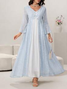 Yasmyna V领碎花收腰喇叭袖蝴蝶结优雅连衣裙 - 藍白色 - 查看 6