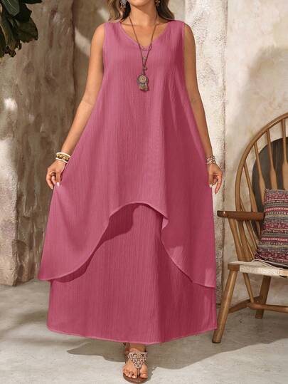 EMERY ROSE Vestido maxi blanco de verano de talla grande para mujer con cuello en V y sin mangas, 2 en 1