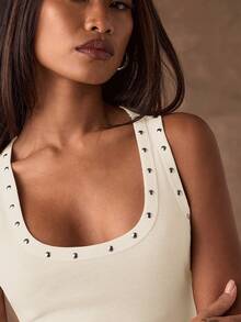 SHEIN BAE Women's Fashion Street Style Rivet Slim Fit Round Neck Camisole, Summer - Apricot - View 6