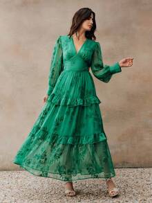 Anewsta 绿色优雅深V领刺绣泡泡袖层叠荷叶边下摆女式连衣裙 - 綠色 - 查看 7
