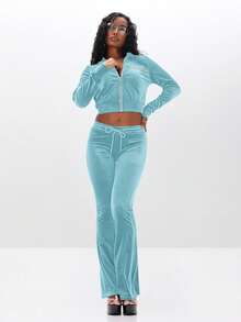 BABYPHAT Velvet Zip Up Sweatshirt With Rhinestone Embellished Logo - Blue - View 2