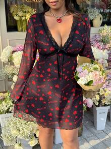 GalTyme 大码V领蕾丝边蝴蝶结装饰连衣裙 - 彩色 - 查看 1