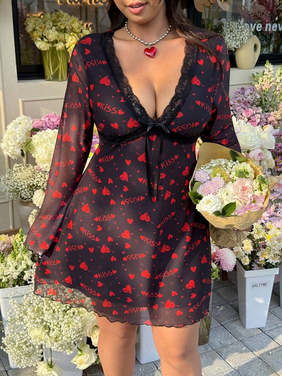 GalTyme 大码V领蕾丝边蝴蝶结装饰连衣裙 - 彩色 - 查看 1