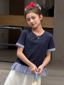 DAZY Tween Girls Crew Neck Colorblock Striped Short Sleeve T-Shirt Summer - Royal Blue - View 4