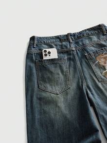 ROMWE MEN Men's Casual Washed Embroidered Denim Jeans - Dark Wash - View 7