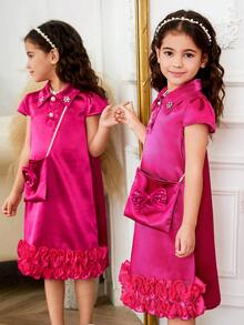 1 pieza Vestido de línea A con mangas de volantes, cuello de satén, abertura delantera, decoración de strass y perlas, bolso bandolera a juego con lazo, volantes en el bajo, vestido elegante y versátil de estilo retro para niñas en verano - Morado - Ver 4