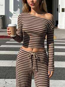 Aidyla 女士卡其色条纹长袖修身宽领抽绳腰直筒裤，秋季款 - 卡其色 - 查看 1