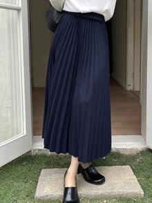 DAZY Women's Elegant Solid Color Pleated A-Line Skirt, Autumn - Navy Blue - View 3