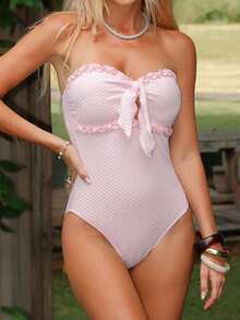 Swim Mod New One-Piece Swimsuit, Sexy & Cute Bandeau Bikini, Textured Fabric With Ruffle Trim, Beach Vacation Style - Pink - View 4