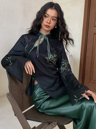 EastFlair Blusa de mujer de manga larga con cuello de cheongsam y estampado de bambú elegante