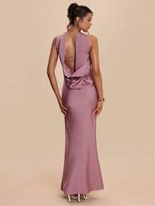 SHEIN BAE Đầm satin hở lưng cổ yếm thanh lịch, thích hợp cho tiệc cocktail, hẹn hò lãng mạn, họp mặt, phù dâu đám cưới, đi chơi tối, ngày Valentine, màu hồng. - Hồng - Xem 4