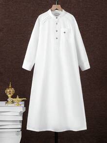 SHEIN Kids Tween Boy Ramadan Jalabiya, Traditional Arab Clothing, Robe, Eid Dress, Casual Comfortable Color Block Round Neck Half-Zip Pullover Long Sleeve Shirt, Suitable For Spring/Summer, Outings, Valentine's Day, Dates, Travel, Vacation, Family Gatherings, Back To School, Wedding Season, Formal Dinners, Birthday Parties - White - View 5