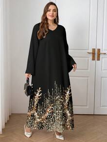 Al Najma Plus Size Casual Minimalist V-Neck Arabic Style Dress Plus Long Dress Dress Modest - Multicolor - View 5
