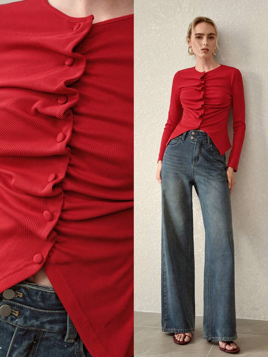 MOTF PREMIUM 女士褶皱针织长袖T恤，秋冬季 - 紅色 - 查看 1