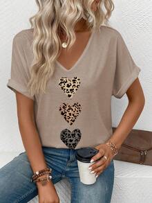 EMERY ROSE Women's New Arrival Spring/Summer Bestselling Ombre Leopard Print Heart Pattern V-Neck Short Sleeve Casual Versatile T-Shirt - Khaki - View 6