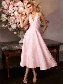 MOTF Soiréza WOMEN'S ELEGANT FORM-FITTING HALTER NECK SLEEVELESS LONG PARTY GOWN – WOVEN JACQUARD FABRIC WITH INTRICATE PATTERN, IDEAL FOR WEDDINGS, GALAS, FORMAL EVENINGS & HOLIDAY PARTIES - Pink - View 6