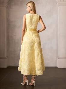 MOTF PREMIUM WOMEN'S SLEEVELESS ROMANTIC TEXTURED SATIN BELTED MIDI DRESS - Yellow - View 3