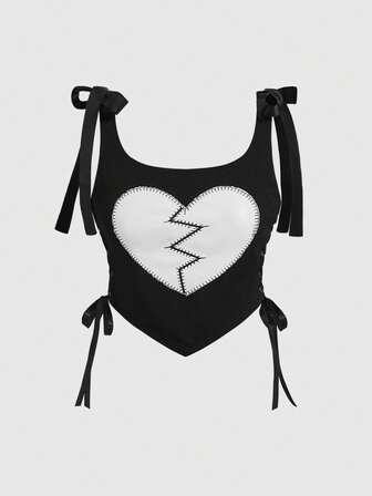Women's Gothic Heart Embroidery Bowknot Shoulder Slim Cropped Camisole
