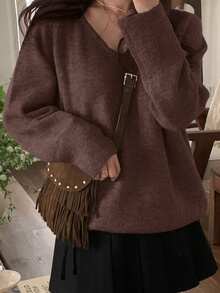 DAZY Women's V-Neck Solid Color Casual Versatile Long Sleeve Pullover Sweater - Brown - View 3