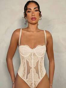 SHEIN BAE 浪漫白色蕾丝拼接可拆卸肩带紧身胸衣连体衣，适合浪漫约会、闺蜜聚会、早春郊游、派对活动 - 束身胸衣、演唱会服装、性感连体衣、春季女装、情人节服装 - 杏色 - 查看 4