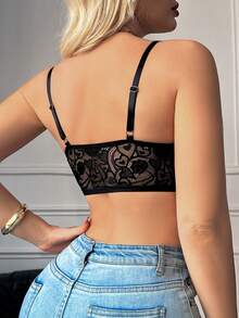 DesireSculpt Romantic Lace Solid Color Front Clasp Spaghetti Strap Bra - Black - View 2