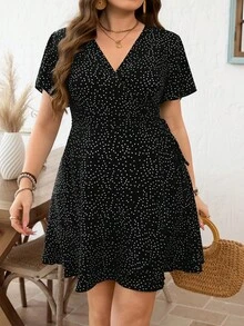 SHEIN Clasi 时尚休闲度假复古V领荷叶边裹身裙 - 黑色 - 查看 3