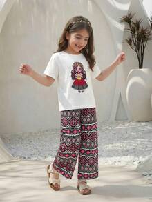 Tween Girl Elegant Middle Eastern Traditional Cute Graphic Retro Print Casual Fashion T-Shirt + Retro Print Wide Leg Pants Suit, Suitable For Holidays, Parties, Gifts, Daily Wear, Spring/Summer/Autumn - Multicolor - View 1
