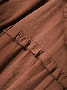 CosyJoli 大码短袖衬衫，荷叶边衬衫，休闲女装，棕色短袖上衣 - 棕色 - 查看 4