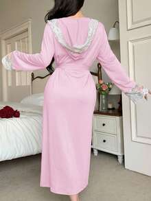 女士休闲优雅蕾丝拼接连帽浴袍 - 粉色 - 查看 2