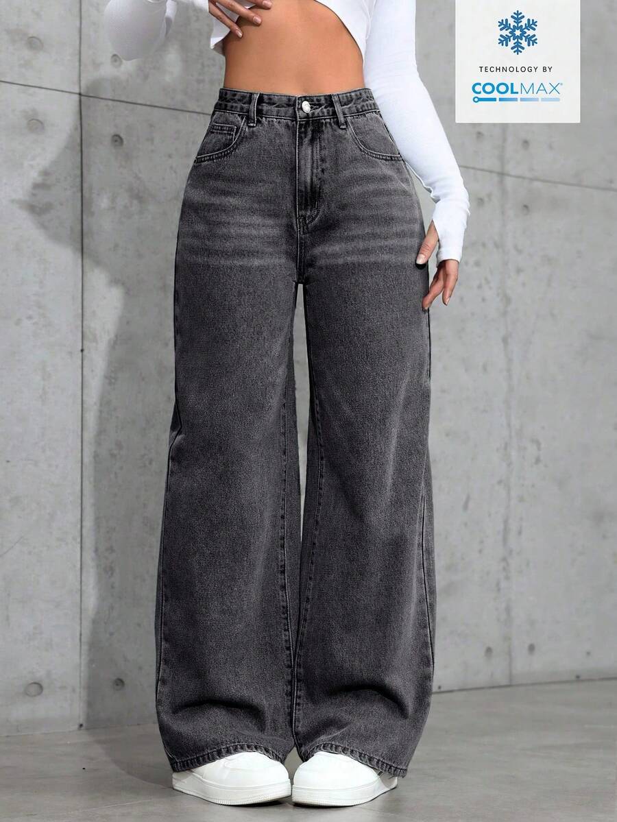 SHEIN Jeanoir Quần jeans ống đứng dáng rộng, màu trơn, cạp thấp, thời trang, thường ngày. - Màu xám đen - Xem 1