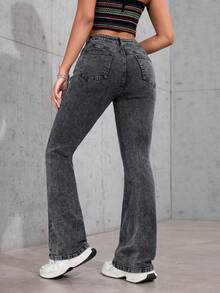 SHEIN PETITE 女士休闲百搭喇叭牛仔裤，带口袋 - 深灰色 - 查看 2