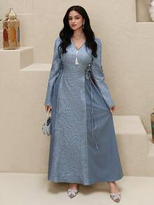 Yasmyna 新款V领流苏系腰拼接高端派对及节日礼服 - 藍色 - 查看 3