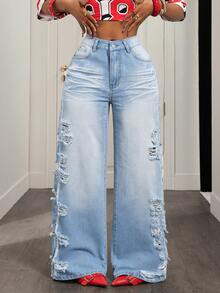 BamGleam Women's Casual Fashion Street Chic Daily Commute Distressed Loose Wide-Leg Jeans - Light Wash - View 1