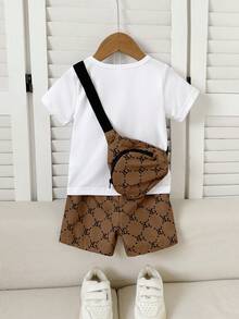 SHEIN 3pcs Baby Boy Outfit: Floral Print T-Shirt, Shorts, And Crossbody Bag, Fashionable, Casual, Cute, Versatile For Summer Occasions - Multicolor - View 2
