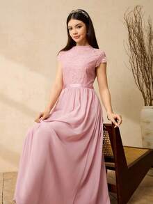 Elegantes Partykleid für Teenager-Mädchen mit Rundhalsausschnitt, Kurzarm, Spitzen-Patchwork und Chiffon - Pink - Übersicht 1