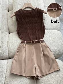 Franclia Casual Commute Elegant Textured Knit Camisole Top With Belt & Pockets, Paired With Wide Leg Shorts, Women Spring/Summer 2 Pieces Set - Brown - View 1