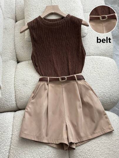 Franclia Casual Commute Elegant Textured Knit Camisole Top With Belt & Pockets, Paired With Wide Leg Shorts, Women Spring/Summer 2 Pieces Set