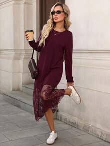 SHEIN LUNE 女士休闲蕾丝拼接长袖中长连衣裙 - 酒紅色 - 查看 9