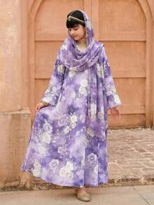 Tween Girl Loose Casual Minimalist Comfortable Round Neck Long Sleeve Floral Print Long Dress - Multicolor - View 3
