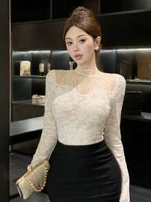 DAZY Women's Fuzzy Lace Patchwork Long Sleeve T-Shirt, Suitable For Autumn/Winter, Party, Back To School Spring - Beige - View 6