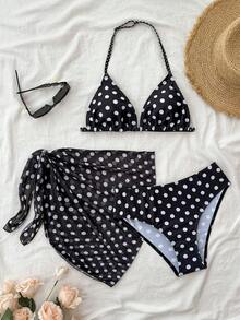 SHEIN Teen Girl 3 PiecesSwimsuit Set: Black & White Polka Dot Print Bikini Top, Bottoms, And Tie-Front Skirt, Suitable For Summer Vacation And Beach - Black and White - View 5