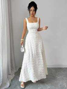 Elenzga Nuevo vestido de punto texturizado sin mangas con cuello cuadrado, diseño de lazo en la espalda abierta, elegante vestido ajustado para fiesta - Albaricoque - Ver 6